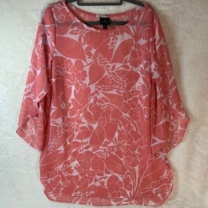 Worthington Women’s Medium Tall Pink Floral Sheer Blouse Flowy 3/4 Sleeve Top
